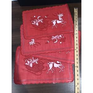 Vtg 60s Heavy Vinyl Cloth Christmas Placemats Santa Clause Red Reindeer Set Of 4